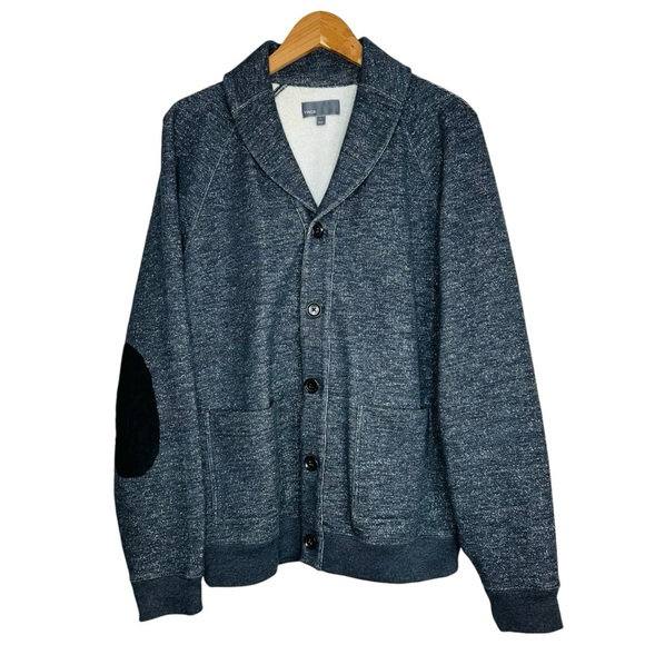 Vince Elbow Patch Sweatshirt Fleece Cardigan Size Large Shawl Collar Button Up - Picture 1 of 11